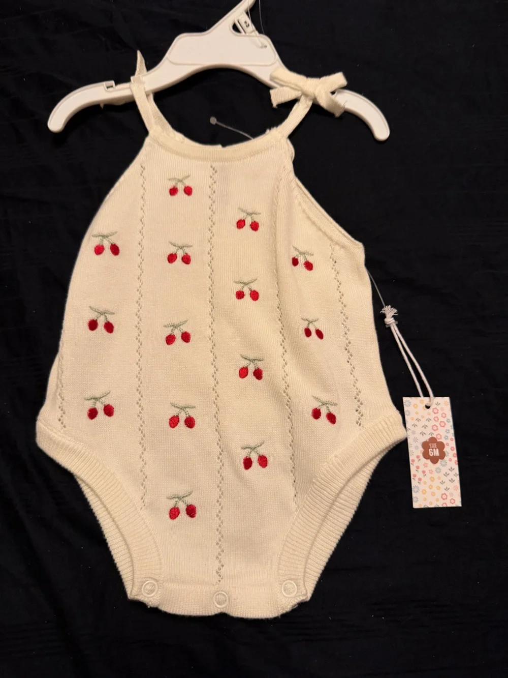 Cream Knit Cherry-Embroidered Baby One-Piece Romper by Between